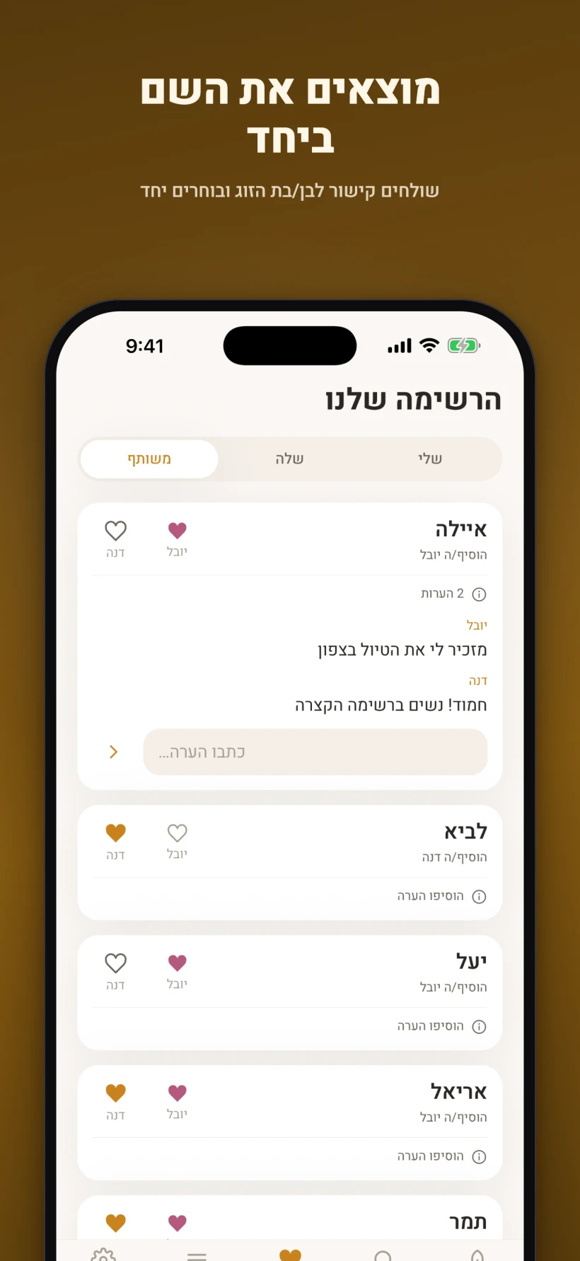 הרשימה הזוגית המשותפת: שמות עם סימוני לב, מי הוסיף כל שם והערות בין בני הזוג